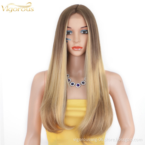 Hot Sale High Quality Vendor Middle Part Mix Ombre Blonde Three Tone Color Long Straight Synthetic Lace Wig Heat Resistant